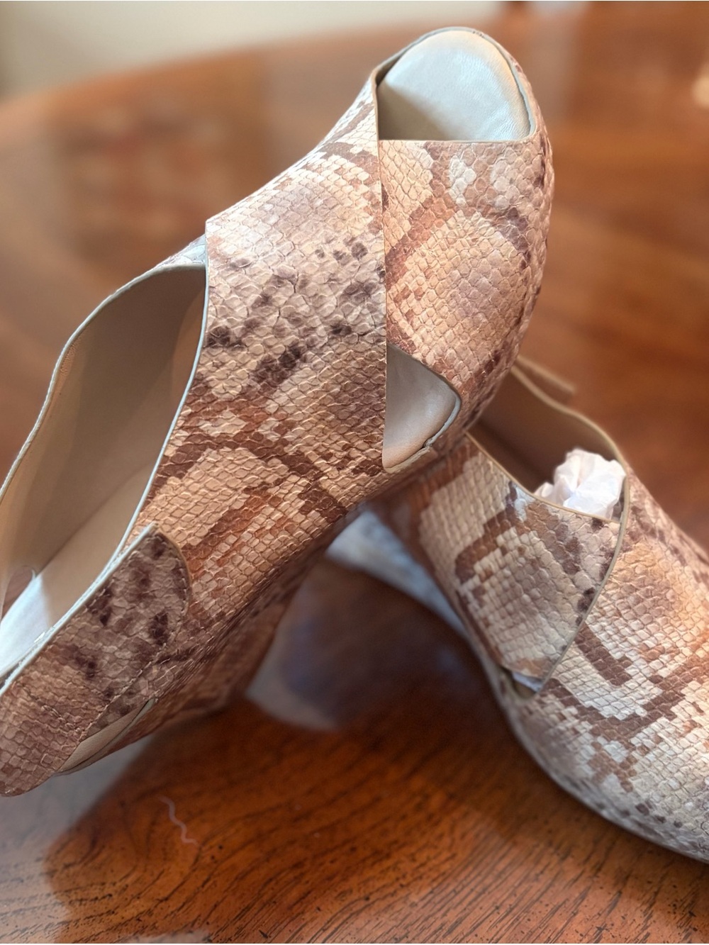Johnston & Murphy Snake-Print Peep-Toe Wedges in Tan and Cream - Never Worn NWOT